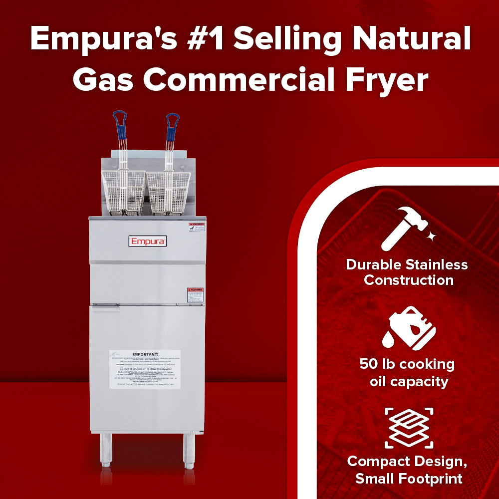 A stainless steel commercial gas fryer with two fryer baskets stands against a red background. Text above reads “Empura’s #1 Selling Natural Gas Commercial Fryer.” Icons highlight its 50lb capacity, durable build, and compact design.
