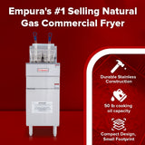 A stainless steel commercial gas fryer with two fryer baskets stands against a red background. Text above reads “Empura’s #1 Selling Natural Gas Commercial Fryer.” Icons highlight its 50lb capacity, durable build, and compact design.