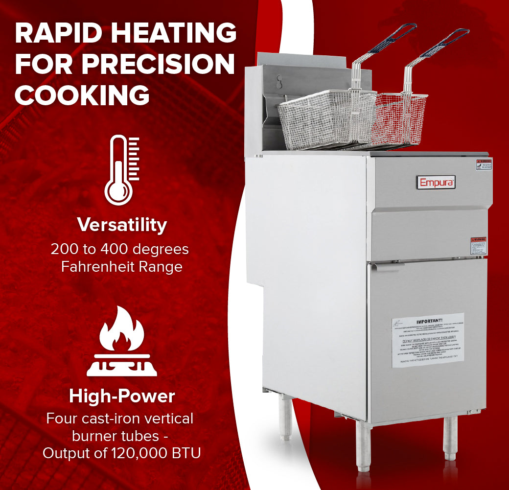 A 50lb capacity natural gas fryer with two baskets is shown. Text highlights features: rapid heating for precision cooking, versatility with 200–400°F range, and powerful four cast-iron burners generating 120,000 BTU. Thermometer and flame icons included.