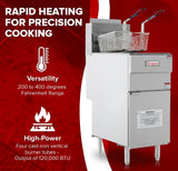 A 50lb capacity natural gas fryer with two baskets is shown. Text highlights features: rapid heating for precision cooking, versatility with 200–400°F range, and powerful four cast-iron burners generating 120,000 BTU. Thermometer and flame icons included.