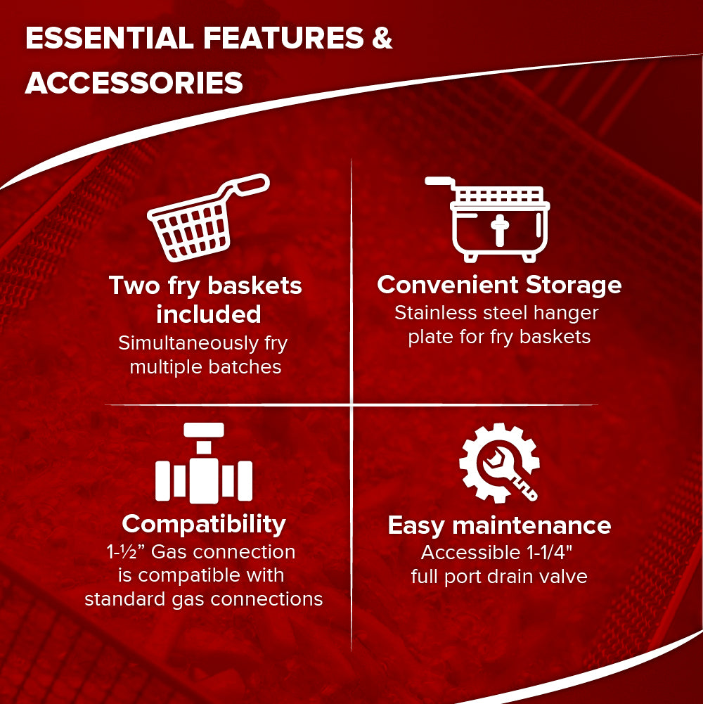 A red graphic highlights four 50lb capacity fryer features with white icons: two fry baskets for batch frying, a hanger plate for storage, standard 1½ gas connections, and an accessible 1¼ full port drain valve for easy maintenance.