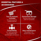 A red graphic highlights four 50lb capacity fryer features with white icons: two fry baskets for batch frying, a hanger plate for storage, standard 1½ gas connections, and an accessible 1¼ full port drain valve for easy maintenance.