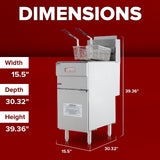 A 50lb capacity commercial gas fryer with two baskets and a control panel is shown on a red background. Dimensions are labeled: width 15.5, depth 30.32, height 39.36. The word DIMENSIONS appears at the top in bold white letters.