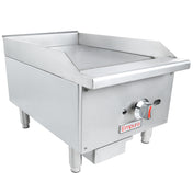 A stainless steel countertop griddle with raised side and back splashes, a front control knob, and the Empura brand name. This standard duty gas griddle features sturdy legs and a flat cooking surface, perfect for busy commercial kitchens.