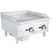 A stainless steel commercial gas griddle with two control knobs, short legs for countertop installation, a backsplash, and a front grease tray. The Empura brand is displayed below the knobs on this smooth, industrial flat-top cooking surface.