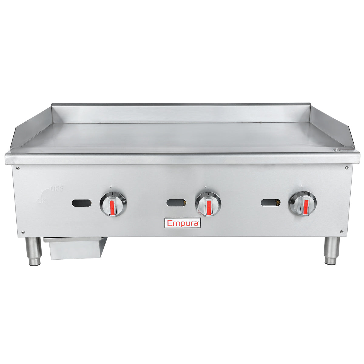 A commercial gas griddle with three red control knobs, raised side and back splashes, a grease tray on the left, and four sturdy legs. The Empura brand is displayed on the front center panel of this stainless steel countertop griddle.