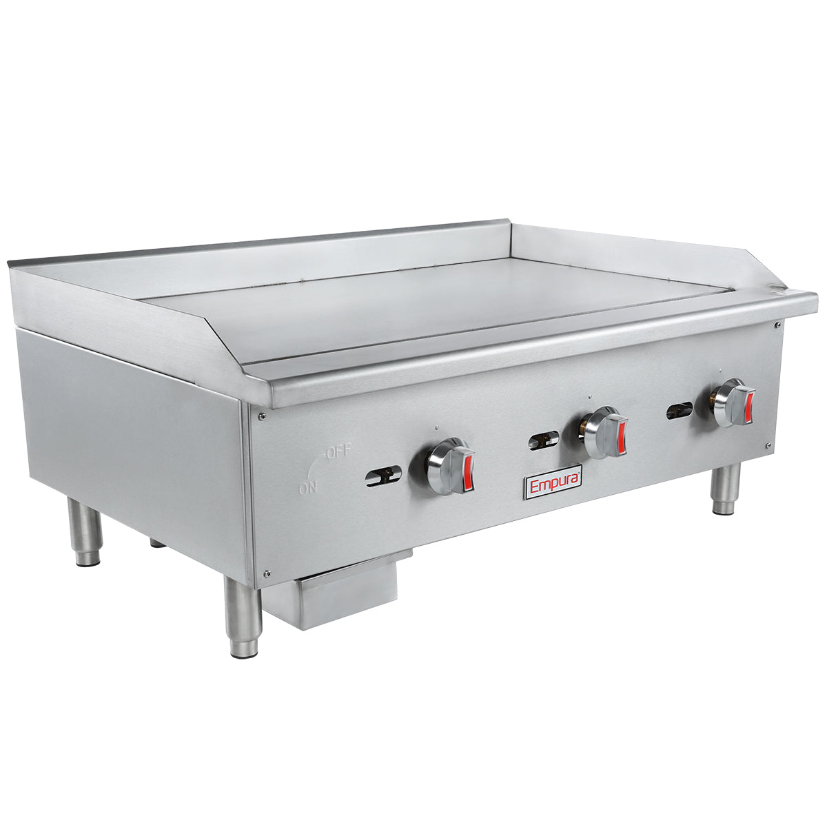 A stainless steel countertop griddle with three red and black control knobs, branded Empura. It has four sturdy legs, a flat cooking surface, raised side and back splashes, and a front-mounted grease tray beneath the controls.