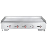 A stainless steel commercial gas griddle with four control knobs and adjustable legs. The large, smooth cooking surface has raised edges on three sides. Designed for countertop installation, it features Empura branding and drip trays beneath the surface.