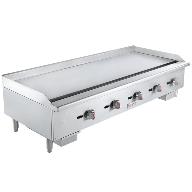 A commercial stainless steel gas griddle with four control knobs, raised edges, and sturdy legs. Designed for countertop installation, its flat surface evenly grills food in restaurant settings. The front panel displays ON/OFF markings above each knob.