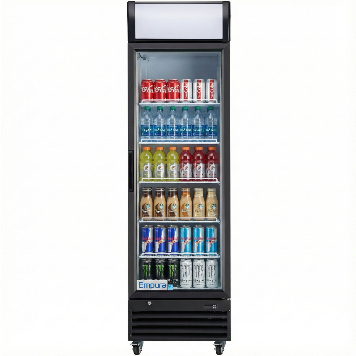 A glass door cooler, such as those from Empura refrigeration, is stocked with various drinks—Coca-Cola, Diet Coke, bottled water, Gatorade, Starbucks cold coffee, Monster energy drinks, and Red Bull—all neatly arranged on shelves.
