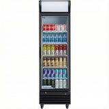 A glass door cooler, such as those from Empura refrigeration, is stocked with various drinks—Coca-Cola, Diet Coke, bottled water, Gatorade, Starbucks cold coffee, Monster energy drinks, and Red Bull—all neatly arranged on shelves.