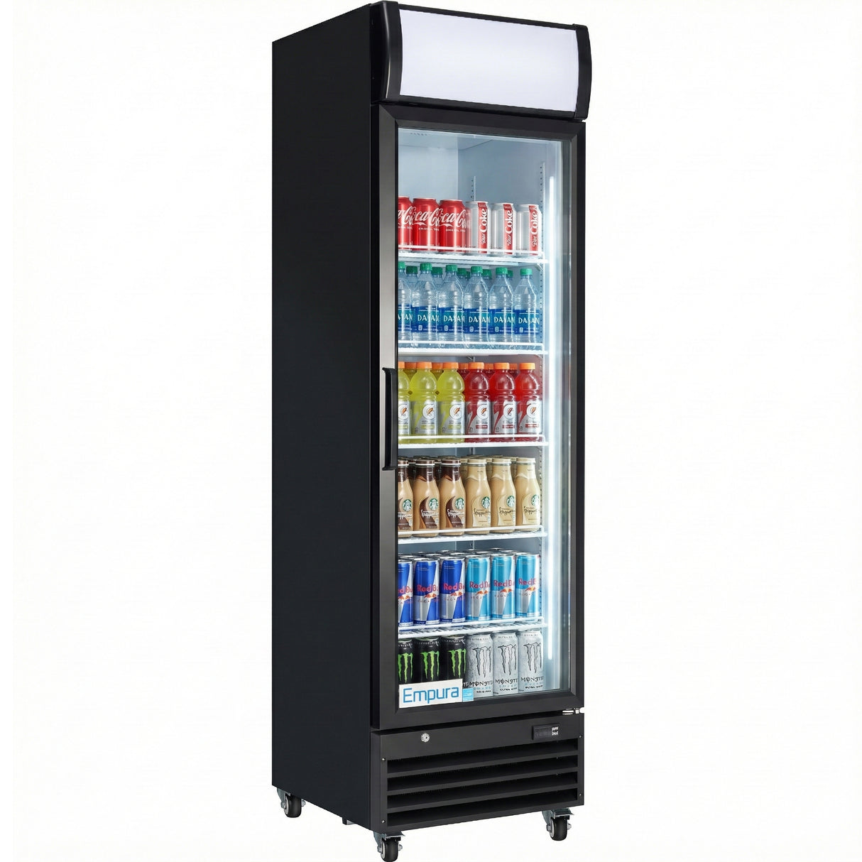 A tall, black Empura refrigerated merchandiser with a glass door displays assorted drinks—Coca-Cola cans, bottled teas, energy drinks, and water—neatly arranged on five shelves. The cooler is on wheels and features the Empura logo at the bottom.
