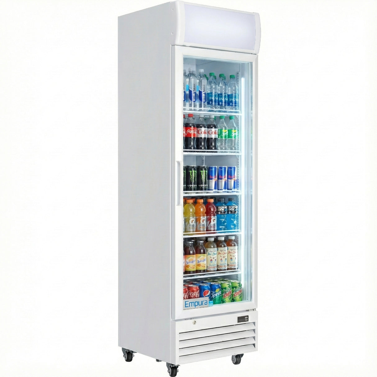 Tall, white commercial refrigerated merchandiser with a glass door, stocked with assorted bottled and canned drinks like water, soda, and energy drinks. This fridge on wheels features the Empura brand name at the bottom front.