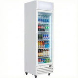 Tall, white commercial refrigerated merchandiser with a glass door, stocked with assorted bottled and canned drinks like water, soda, and energy drinks. This fridge on wheels features the Empura brand name at the bottom front.