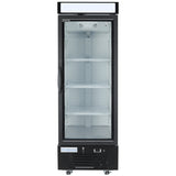 A commercial upright Empura Refrigeration glass-door freezer with black framing, three wire shelves, a left-side handle, and a white sign panel at the top. The interior is empty, and the bottom section displays “Empura” branding with ventilation grates.