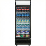 A commercial food storage solution, this black Empura EGM-23B refrigerated merchandiser displays assorted beverages like Coke, Pepsi, Sprite, water, and energy drinks on five neatly organized shelves with branding at the bottom.