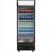 A commercial food storage solution, this black Empura EGM-23B refrigerated merchandiser displays assorted beverages like Coke, Pepsi, Sprite, water, and energy drinks on five neatly organized shelves with branding at the bottom.