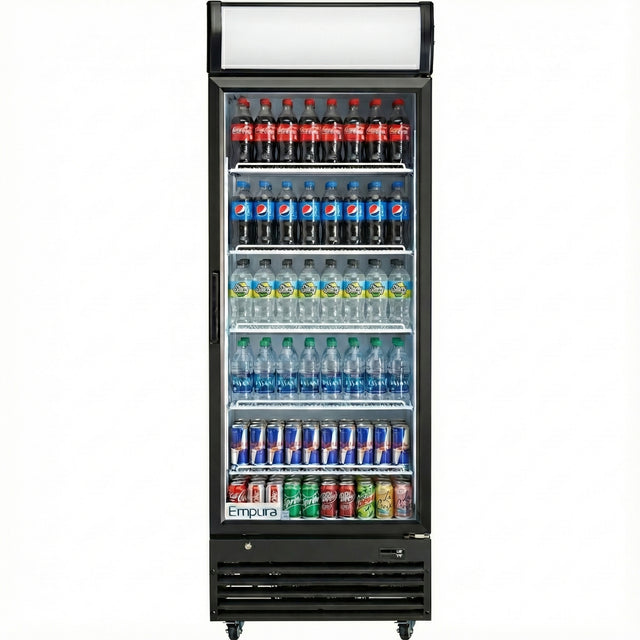 A commercial food storage solution, this black Empura EGM-23B refrigerated merchandiser displays assorted beverages like Coke, Pepsi, Sprite, water, and energy drinks on five neatly organized shelves with branding at the bottom.