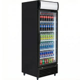 A commercial black refrigerated merchandiser, such as the Empura EGM-23B, with a glass door displays rows of various sodas—Pepsi, 7UP, and Mountain Dew—neatly arranged on lit shelves. It stands on four caster wheels against a white background.