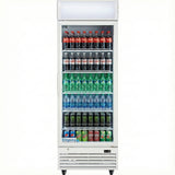 A commercial display refrigerator is stocked with various drinks: Coca-Cola and Diet Coke on the top shelf, Sprite and Pepsi below, bottled water on the middle shelves, Monster energy drinks and Mountain Dew on the bottom shelf.