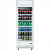 A commercial display refrigerator is stocked with various drinks: Coca-Cola and Diet Coke on the top shelf, Sprite and Pepsi below, bottled water on the middle shelves, Monster energy drinks and Mountain Dew on the bottom shelf.