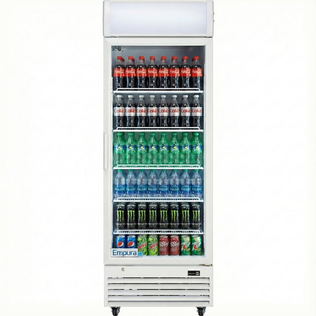 A commercial display refrigerator is stocked with various drinks: Coca-Cola and Diet Coke on the top shelf, Sprite and Pepsi below, bottled water on the middle shelves, Monster energy drinks and Mountain Dew on the bottom shelf.