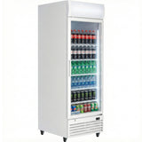 A tall white commercial display refrigerator with a glass door showcases rows of Coca-Cola, Sprite, bottled water, and Monster Energy drinks. This refrigerated merchandiser is well-lit, clean, and stands on wheels against a plain white background.