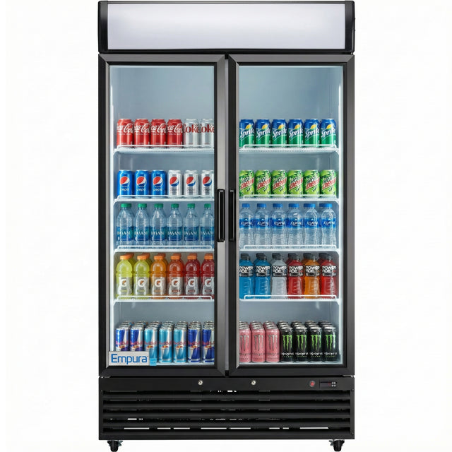 A Refrigerated Merchandiser with glass swing doors, stocked with assorted drinks like Coca-Cola, Sprite, Monster Energy, and Gatorade, all neatly arranged on five shelves. The commercial refrigerator brand is Empura.