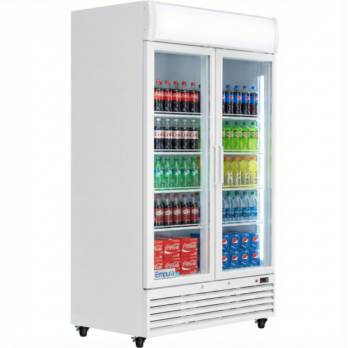 A white commercial refrigerator with a glass swing door displays assorted drinks: Coke, Sprite, and Fanta on the left, Pepsi and Mountain Dew on the right—neatly arranged shelves with extra cans of Coke and Pepsi below.