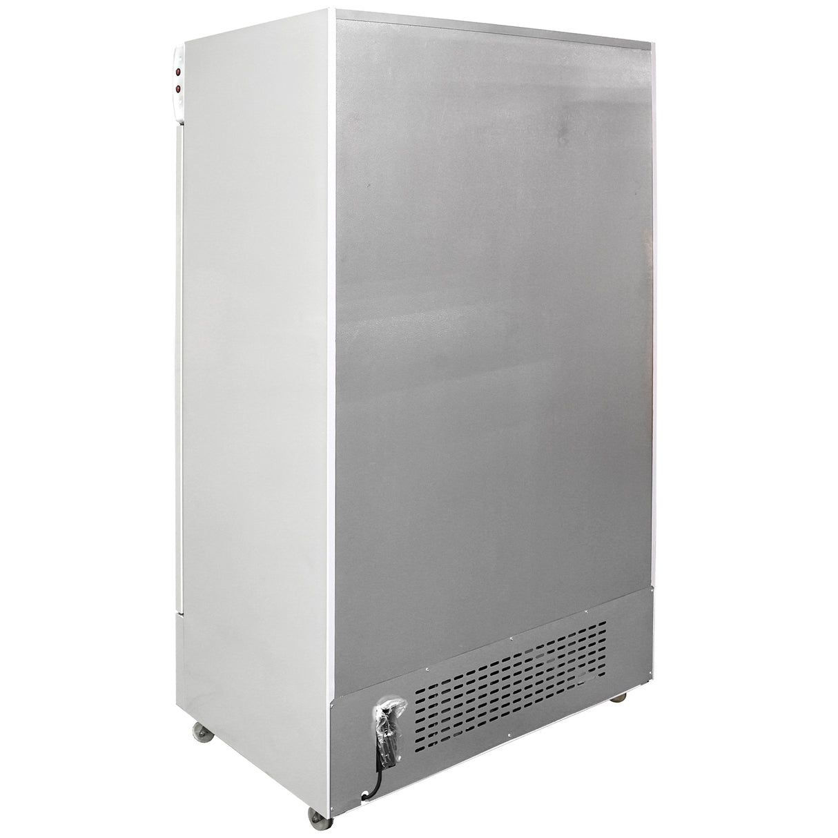A large, upright Empura Refrigeration commercial refrigerator stands on caster wheels. The front door is closed with a smooth, reflective surface. Vents and a power cord are near the bottom, photographed against a plain white background.