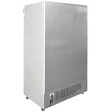 A large, upright Empura Refrigeration commercial refrigerator stands on caster wheels. The front door is closed with a smooth, reflective surface. Vents and a power cord are near the bottom, photographed against a plain white background.