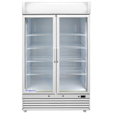 A commercial Empura Refrigeration unit with two glass swing doors, a white frame, and five adjustable wire shelves. The interior is lit and empty. Brand name appears on the lower left, with vents and a control panel at the bottom.