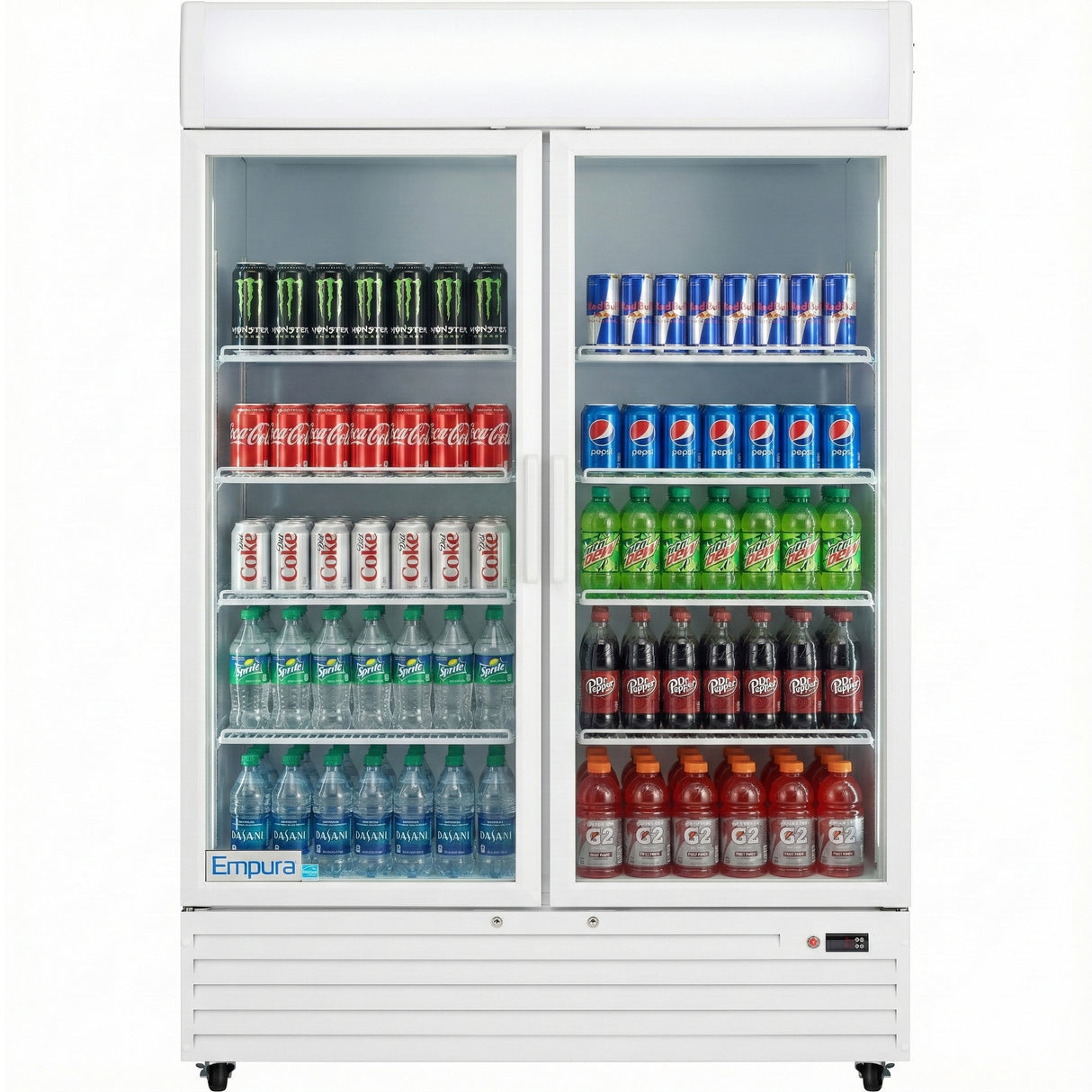 A commercial refrigerated merchandiser, the Empura Refrigeration EGM-50W, displays neatly arranged drinks like Monster, Diet Coke, and Fiji Water. The white fridge features the Empura logo on the lower left corner—perfect for foodservice refrigeration needs.