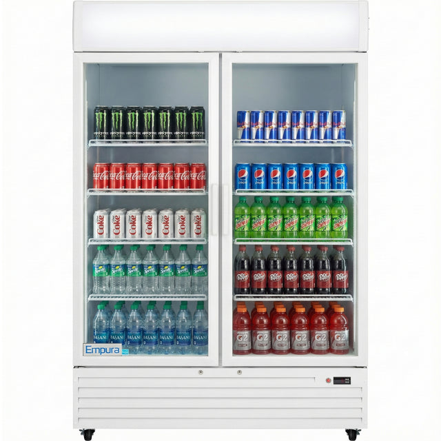 A commercial refrigerated merchandiser, the Empura Refrigeration EGM-50W, displays neatly arranged drinks like Monster, Diet Coke, and Fiji Water. The white fridge features the Empura logo on the lower left corner—perfect for foodservice refrigeration needs.