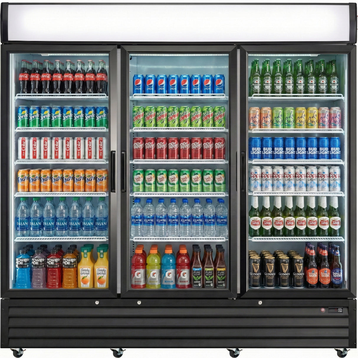 A large refrigerated merchandiser filled with assorted drinks, including sodas, bottled water, sports drinks, and beers. Brands like Coke, Pepsi, Sprite, Gatorade, Bud Light, and more are neatly arranged on multiple shelves in this display cooler.