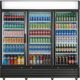 A large refrigerated merchandiser filled with assorted drinks, including sodas, bottled water, sports drinks, and beers. Brands like Coke, Pepsi, Sprite, Gatorade, Bud Light, and more are neatly arranged on multiple shelves in this display cooler.