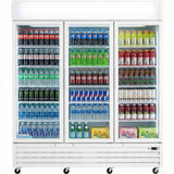A three-door Glass Swing Door Cooler filled with assorted beverages—sodas, sports drinks, sparkling water, energy drinks, and LaCroix—arranged in neat rows by type and color. The Refrigerated Merchandiser features a white exterior and glass doors.