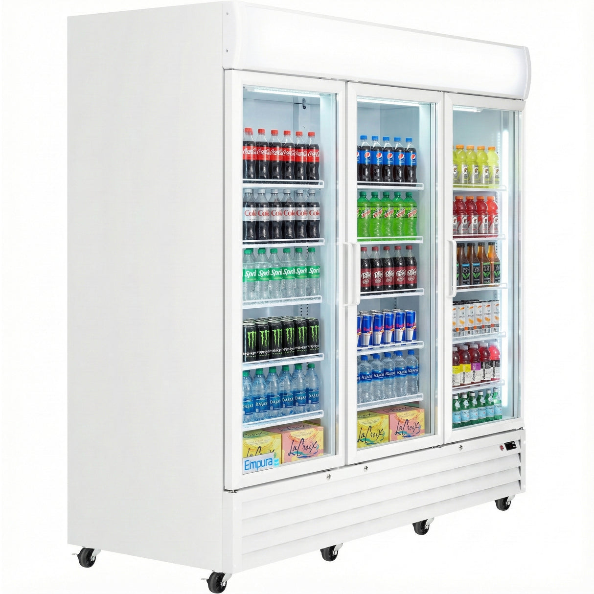 A large commercial refrigerator with three sliding glass doors displays neatly arranged drinks, including soda cans, bottles, energy drinks, and juice boxes. The shelves are well-lit and the refrigerated merchandiser is on wheels, set against a white background.