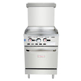 A commercial stainless steel Empura restaurant gas range with two control knobs, an oven door with handle, four metal legs, and a raised backguard. It features a smooth surface, storage or warming space above the cooking area, and reliable performance.