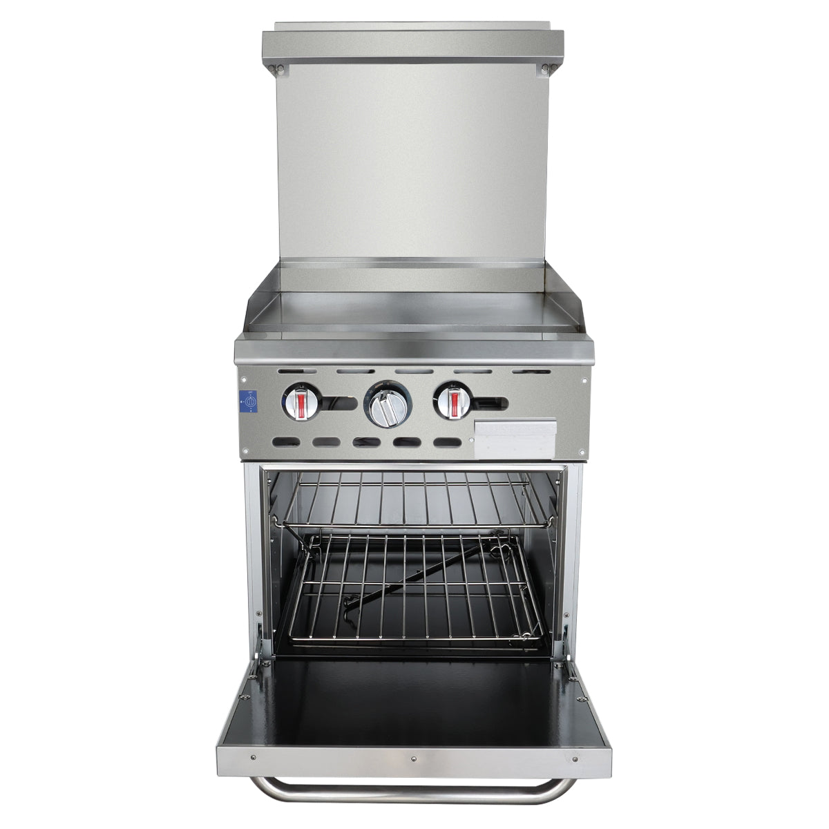 A stainless steel commercial oven with an open door reveals two metal racks inside. The front features two large control knobs and a smaller knob, with a backsplash and shelf above—a clean, industrial design ideal for any restaurant gas range setup.