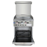 A stainless steel commercial oven with an open door reveals two metal racks inside. The front features two large control knobs and a smaller knob, with a backsplash and shelf above—a clean, industrial design ideal for any restaurant gas range setup.
