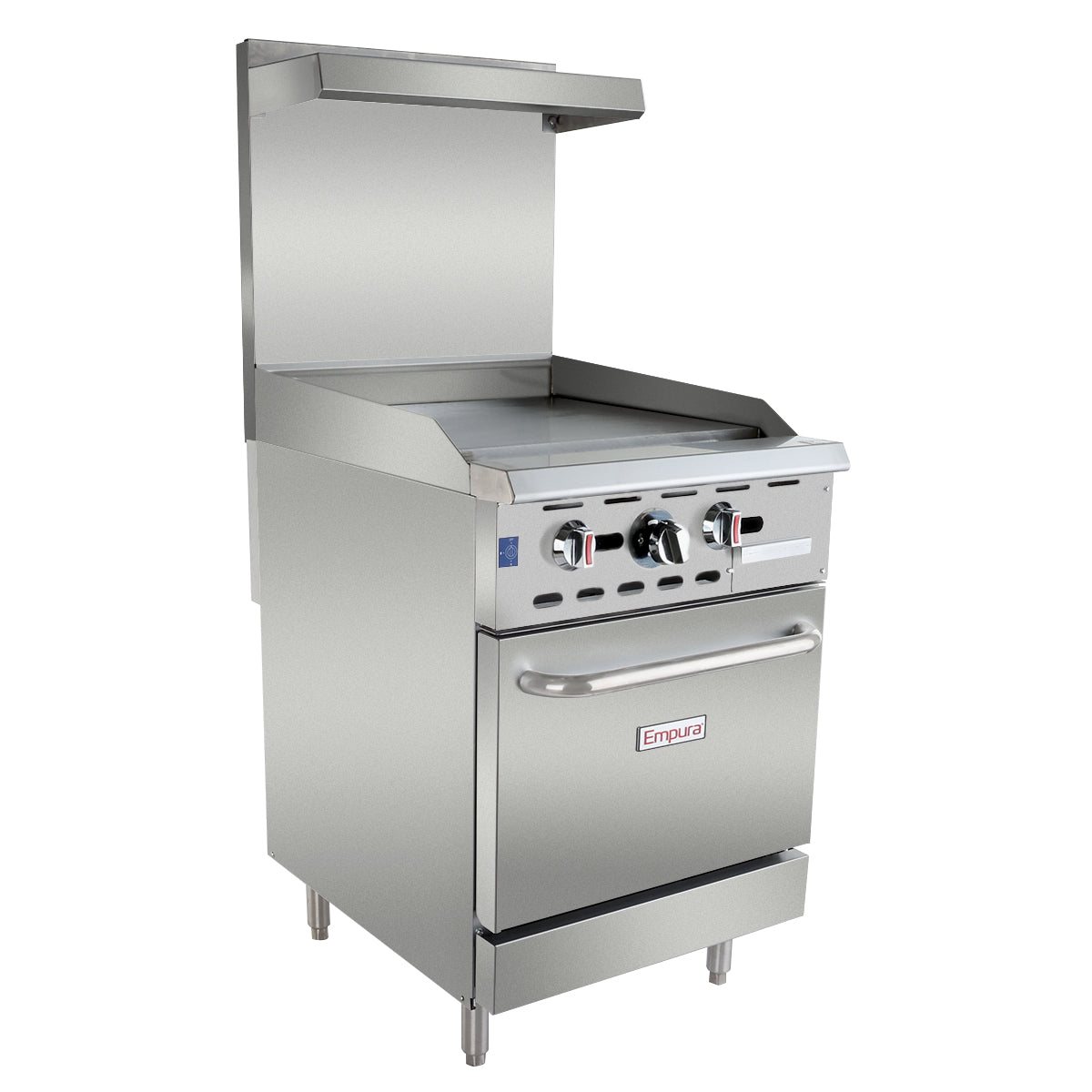 A commercial restaurant gas range with a stainless steel gas griddle top, control knobs, oven door, and backsplash. Sturdy legs support the unit, and there's a shelf above the cooking surface. The Empura brand name is visible on the commercial oven door.