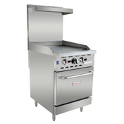 A commercial restaurant gas range with a stainless steel gas griddle top, control knobs, oven door, and backsplash. Sturdy legs support the unit, and there's a shelf above the cooking surface. The Empura brand name is visible on the commercial oven door.