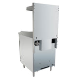 A commercial stainless steel kitchen appliance, viewed from the back. It features a rectangular shape, tall rear panel, four metal legs, and exposed parts near the bottom—ideal for a restaurant gas range. The surface is smooth and reflective with screws along the edges.