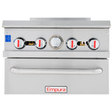 Front view of a stainless steel Empura commercial oven Single Base Gas Range, featuring four control knobs with red and black markings, a central dial, and a wide handle. The Empura brand logo is visible at the bottom center.