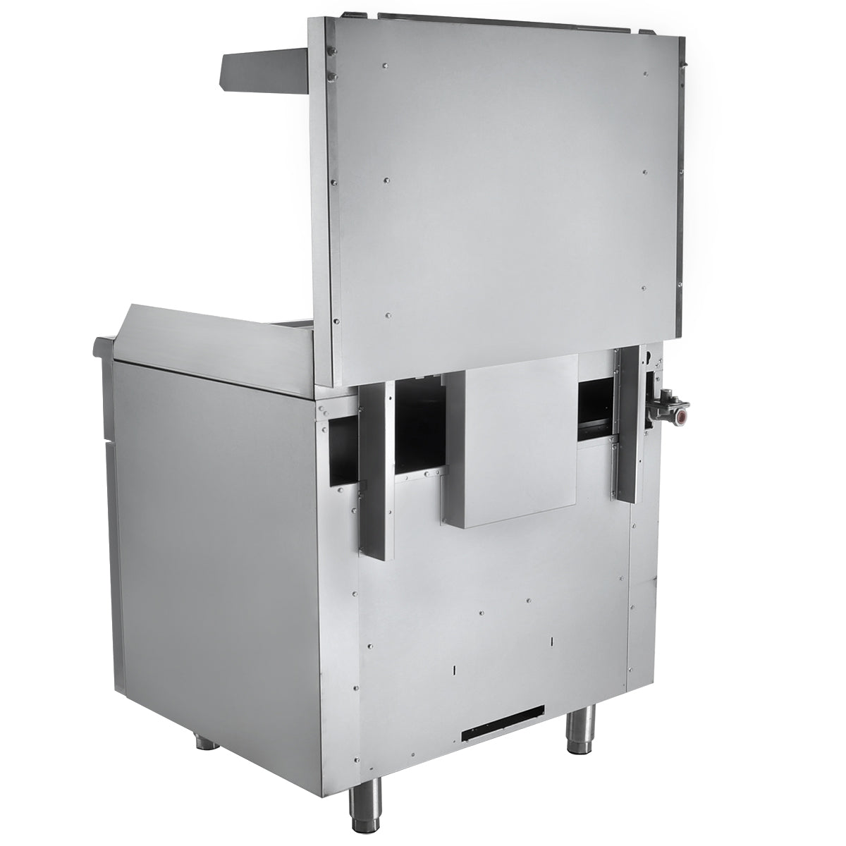 A commercial stainless steel dishwasher with a boxy, upright design, often found alongside a single base gas range. It has a large front door that opens upward on vertical tracks, stands on four sturdy legs, and features a control knob on the right side.