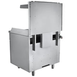 A commercial stainless steel dishwasher with a boxy, upright design, often found alongside a single base gas range. It has a large front door that opens upward on vertical tracks, stands on four sturdy legs, and features a control knob on the right side.