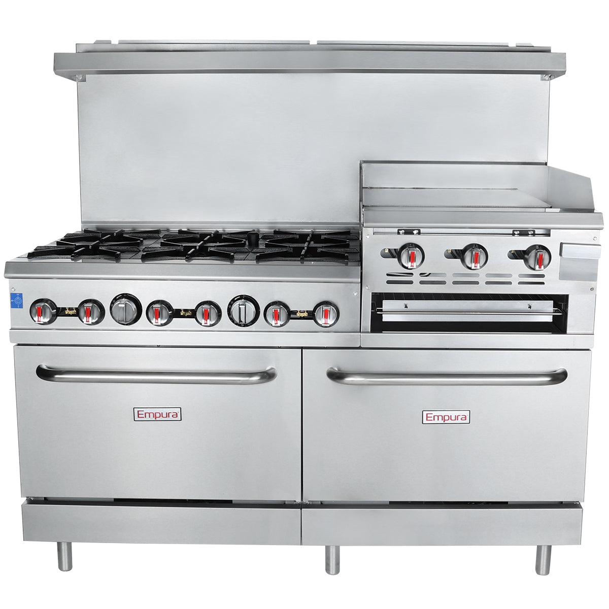 A large Empura commercial oven with griddle features six gas burners, two ovens below, and sturdy metal handles. This double base gas range provides versatile cooking power for busy kitchens, with easy-to-use controls on the right.