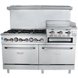 A large Empura commercial oven with griddle features six gas burners, two ovens below, and sturdy metal handles. This double base gas range provides versatile cooking power for busy kitchens, with easy-to-use controls on the right.