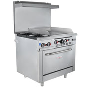 A commercial stainless steel Single Base Gas Range with two natural gas burners, a flat-top griddle, control knobs on the front, an oven below, and a raised backsplash. Sturdy legs support the appliance, with Empura branding on the oven door.